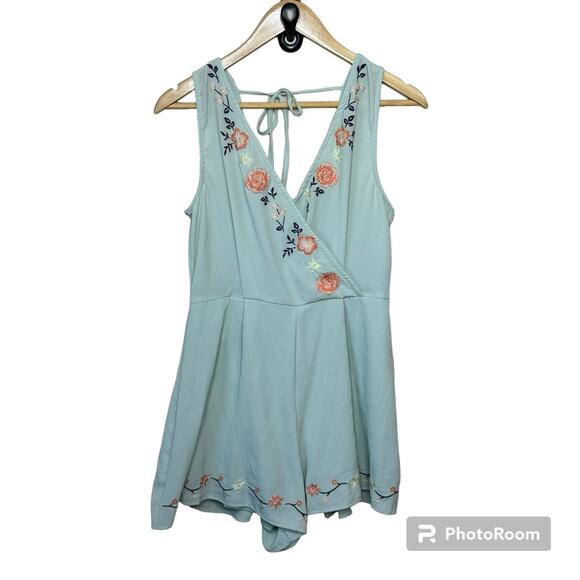 Altar'd State Pants - Altar'd State Boho Embroidered Floral Baby Blue Green Romper Size S